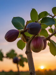 Fig on tree, fig garden , fig fruit closeup