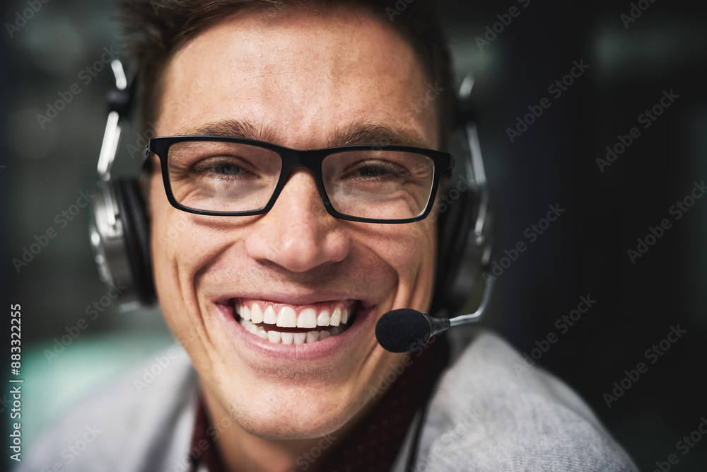 Poster call center, portrait and man with headset night for customer service, advisory and help to clients.