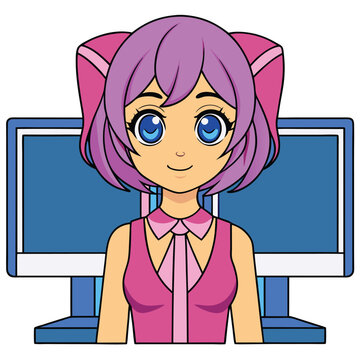 recommend clip art: Woman with dual monitors vector, perfect for digital use and printable designs.