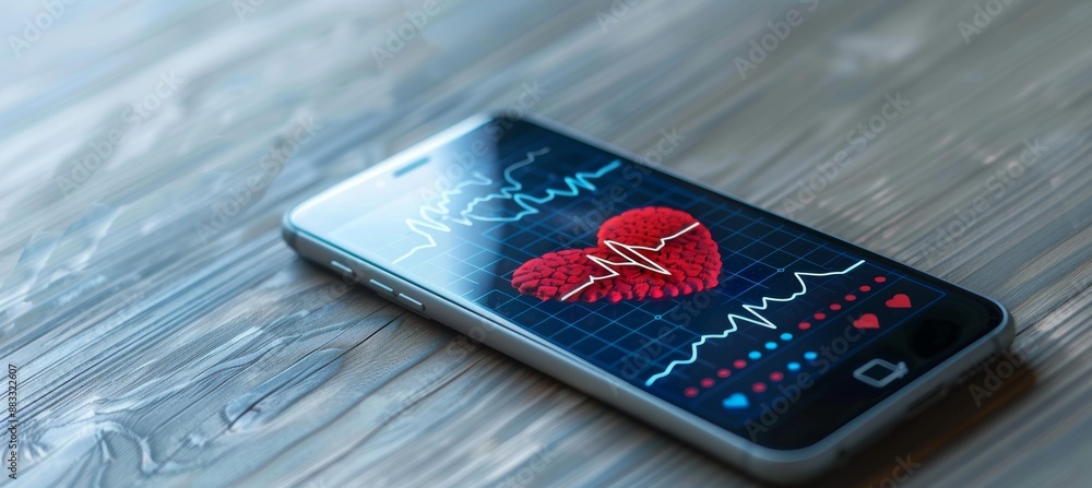 Poster digital heart health app with analytics on smartphone screen for monitoring and wellness tips