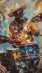 Drummer Performing Outdoors in Summer: Vibrant Music Festival Vibes with Hat and Sunglasses