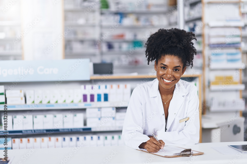 Wall mural Black woman, pharmacist and clipboard for portrait in clinic with medicine stock, information and pill prescription. Smile, female person and documents for pharmaceutical history, inventory and order