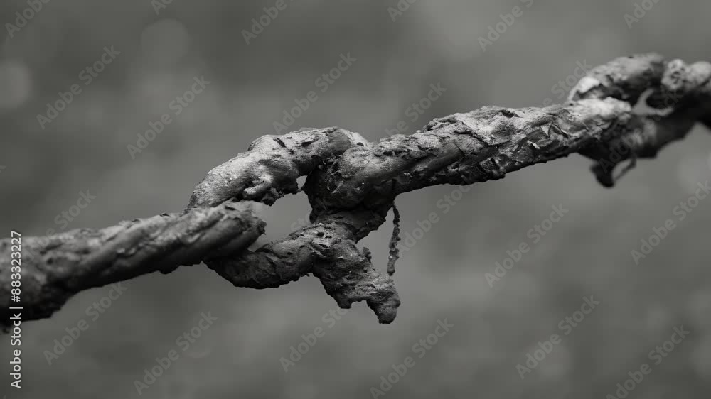 Poster the delicate and fragile strands of a rusted chain twisted and mangled beyond recognition. black and