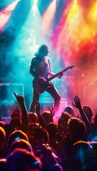 Obraz premium Energetic Rock Concert with Guitar Solo and Excited Crowd Under Vibrant Stage Lights