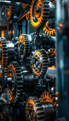 Fototapeta premium Dynamic Industrial Machinery with Gears in Motion and Dramatic Lighting for Engineering Design