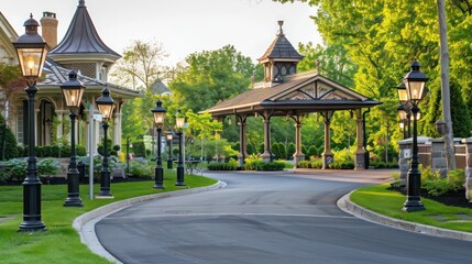 The elegant, curved driveway of a Suburban Victorian home, lined with antique gas lamps and leading to an ornate carport