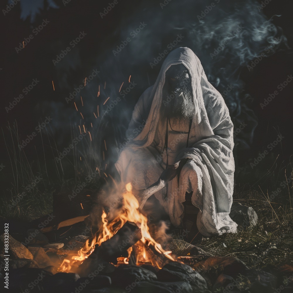 Wall mural A man in a white robe sits in front of a fire, with smoke billowing around him