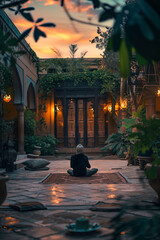 Peaceful Meditation in a Serene Courtyard at Sunset with Lush Greenery and Warm Lighting