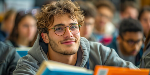Young Male Student in Glasses Smiling in Classroom with Peers Blurred in Background