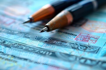 a close up of two pencils on top of money.