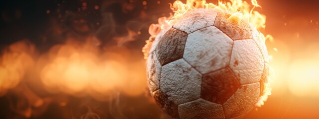 Fototapeta premium A fiery soccer ball against a black backdrop with a blurred ball image