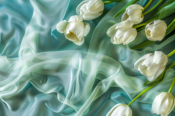 Elegant White Tulips on Sheer Light Blue Fabric Soft Floral Background for Spring Design