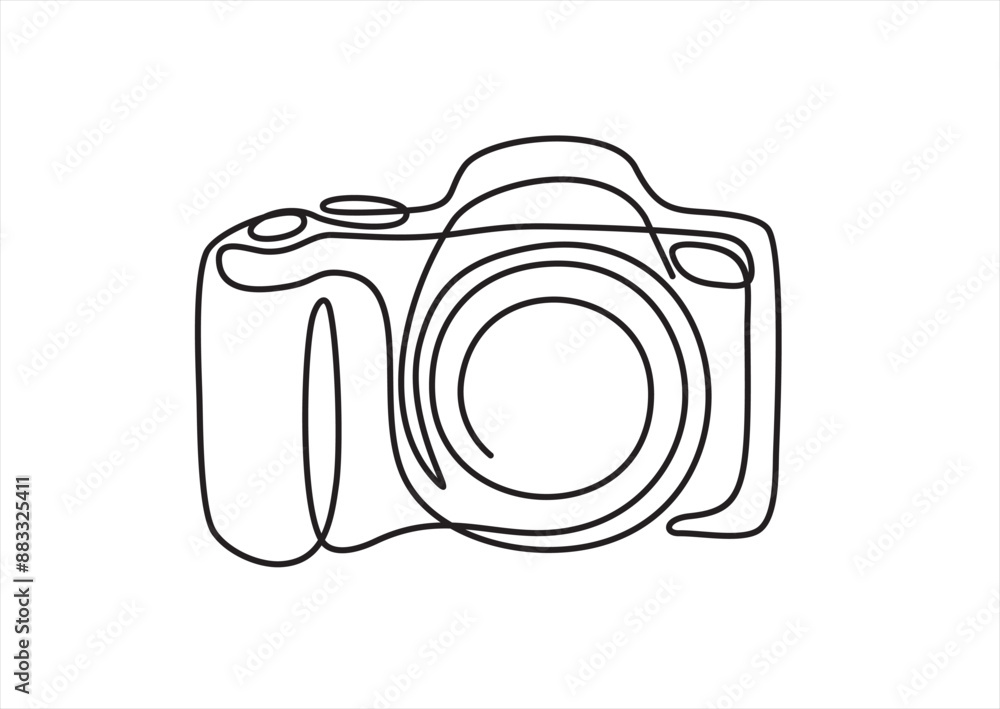 Poster continuous line art or one line drawing of a camera linear style and hand drawn vector illustrations