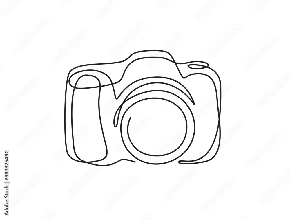 Poster continuous line art or one line drawing of a camera linear style and hand drawn vector illustrations