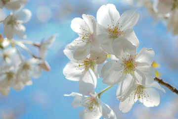 Obraz premium Beautiful White Cherry Blossoms Under Clear Blue Sky in Spring