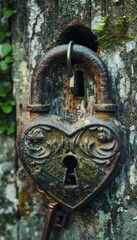 Heart Shaped Rusty Lock with Key Symbolizing Love and Secrets - Perfect for Romantic Designs