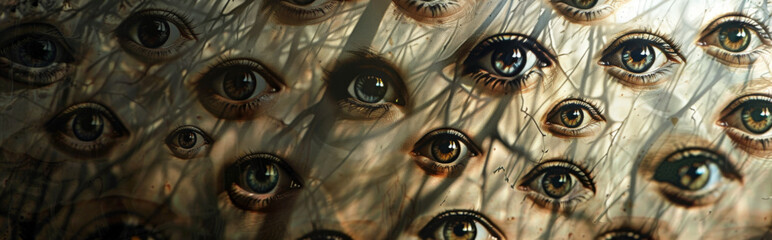 abstract composition filled with numerous eyes hidden within shadows, representing the constant, unsettling feeling of being watched and scrutinized associated with paranoia