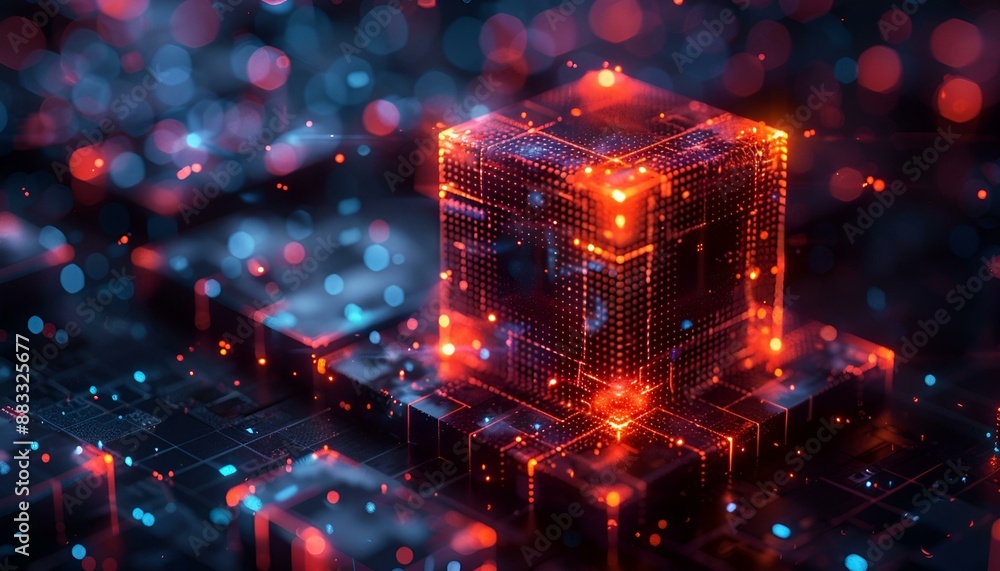 Poster a 3d image of a cube in the middle of a room.