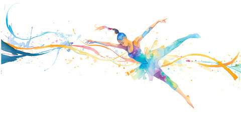 Fototapeta premium Rhythmic gymnastics girl jumping in a twine. silhouette dancing of girl isolated on white background. Summer Olympic Games. Watercolor abstract illustration with splashes and lines. 