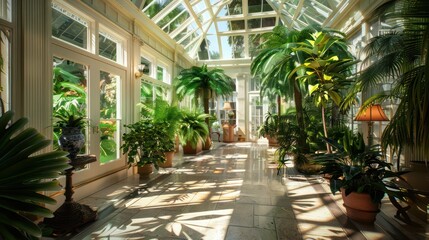 Obraz premium The elegant, glass-enclosed conservatory of a Suburban Victorian home, filled with tropical plants and serving as a year-round garden room