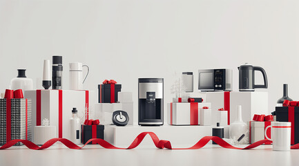 Set of home appliances with red gift ribbon isolated on white background, in the style of a