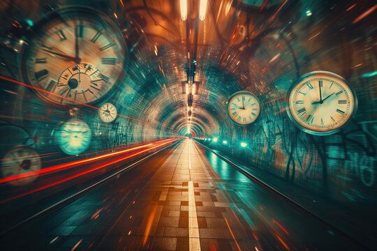 Time travel traffic is captured in hyperspace tunnel lined with clocks surreal visual manner AI Generative