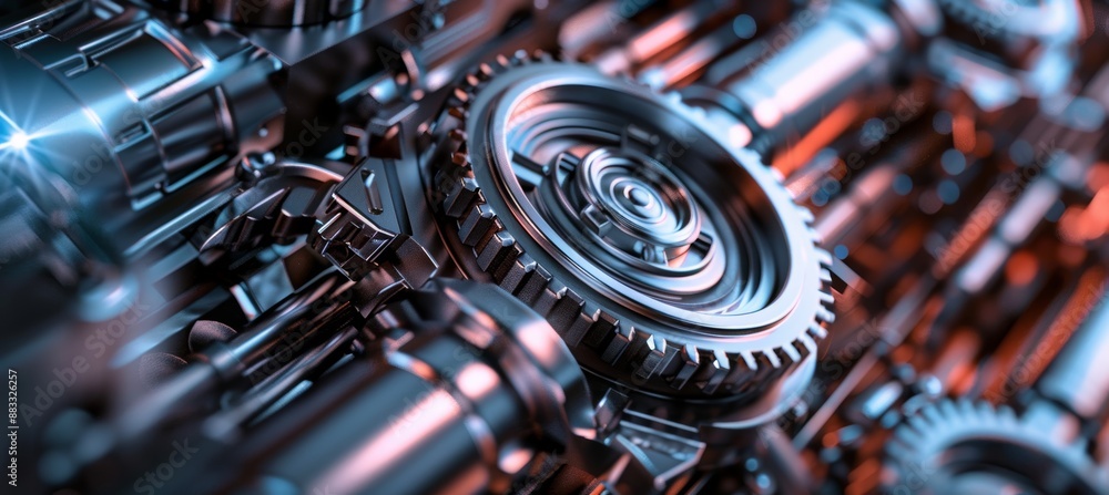 Poster close-up of metallic gears in robotic arm highlighting precision and complexity of modern robotics