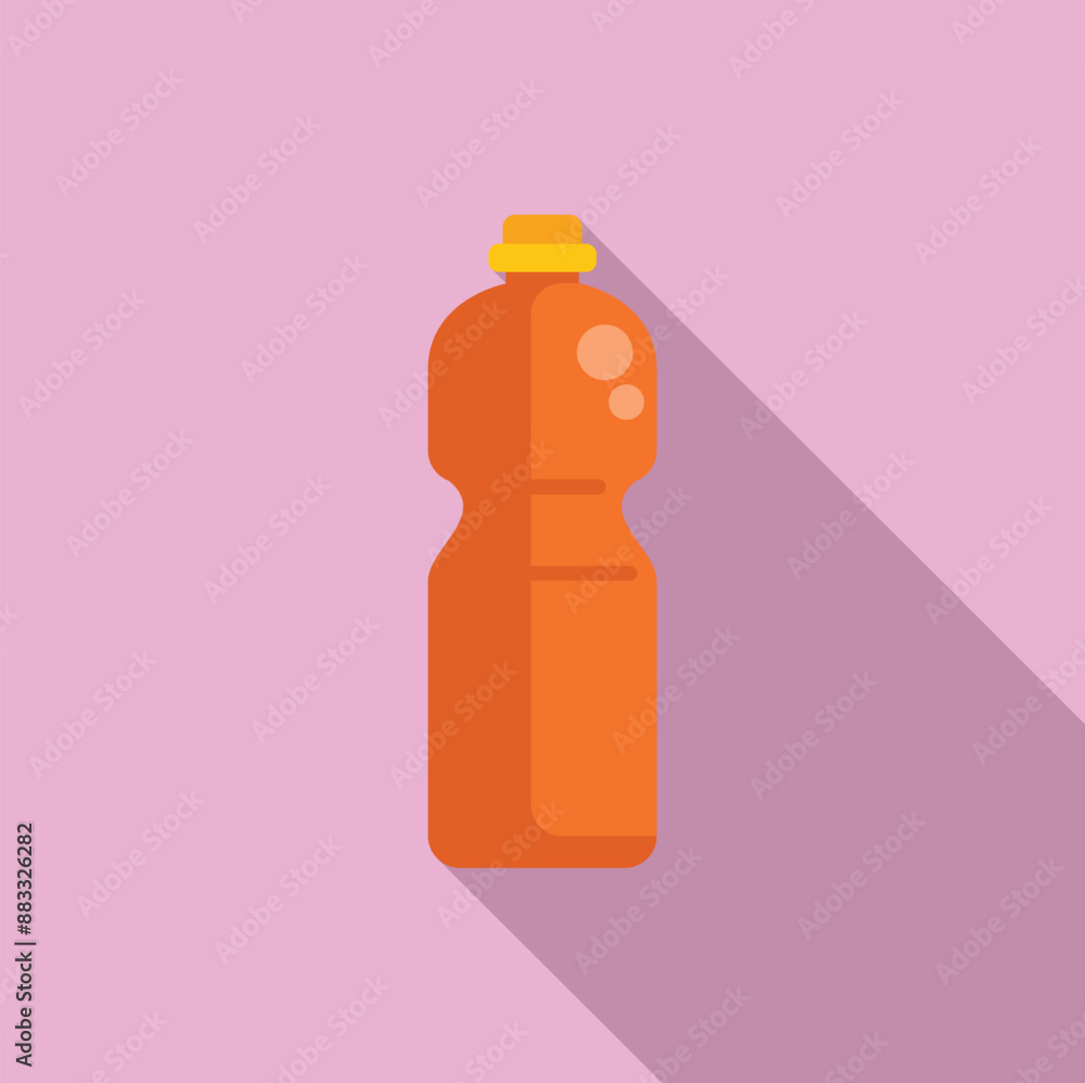 Sticker orange plastic water bottle with yellow cap for sports is standing on pink background with long shad