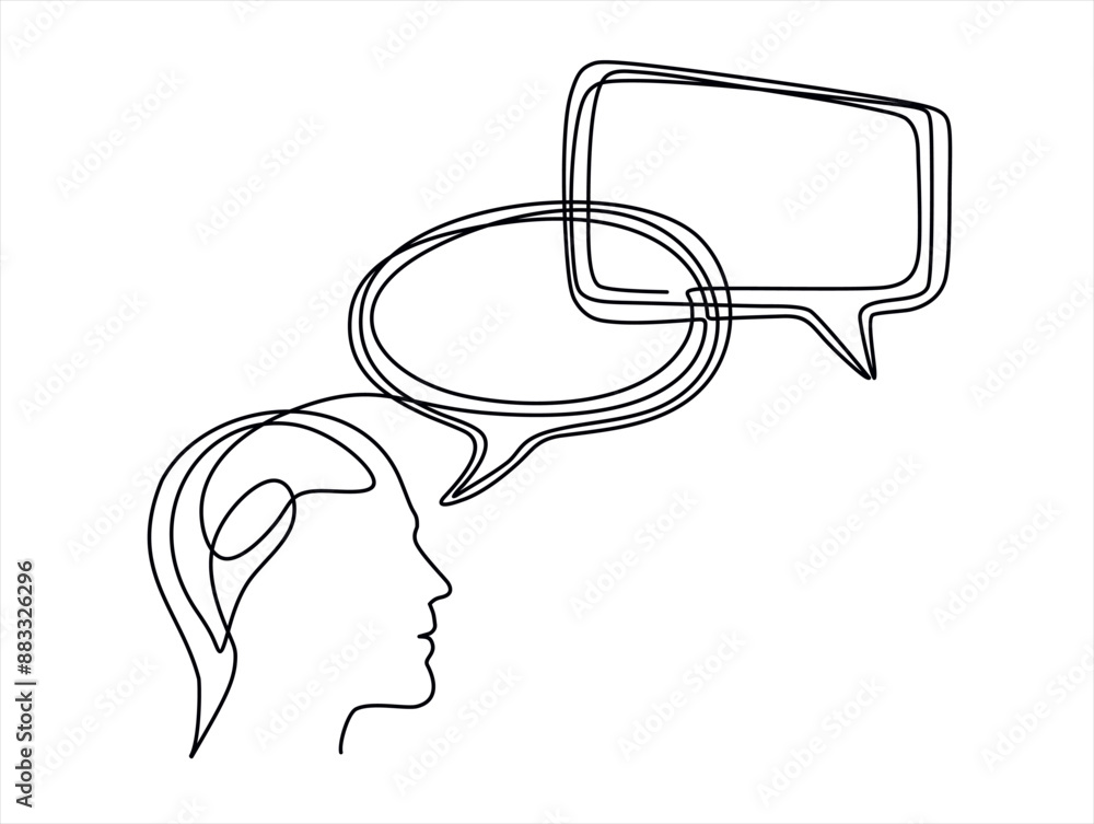Poster continuous line drawing of head of a man with speech bubble is drawn by a single black line on a whi