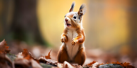 Curious Red Squirrel in Autumn Forest Captured Mid Pose