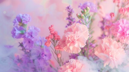 Fototapeta premium pink and purple carnations in muted colors with pink smoke