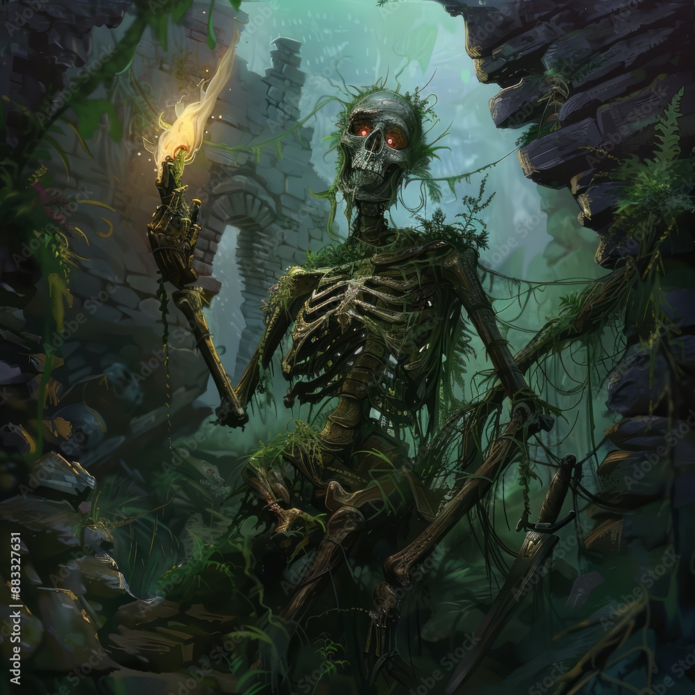 Canvas Prints A skeleton is sitting in a jungle with a glowing object in its hand