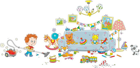 Funny little boy vacuuming his room with a vacuum cleaner after a merry game with friends and a puppy, vector cartoon illustration isolated on a white background