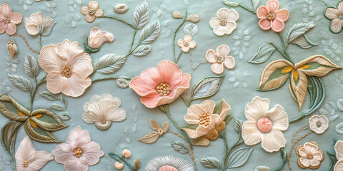 Elegant Floral Embroidery on Light Blue Fabric with Delicate Pastel Flowers and Leaves