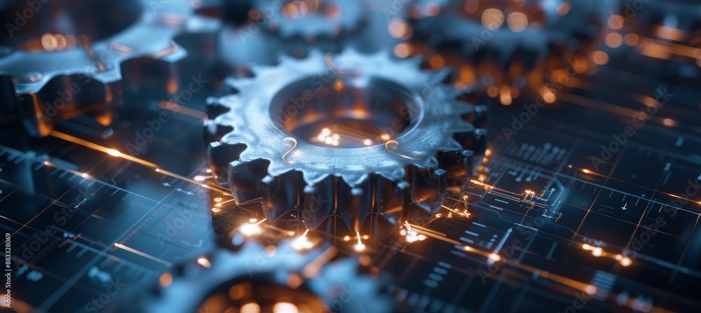 Poster high-tech visualization of semi-transparent gears with holographic elements on digital grid backgrou