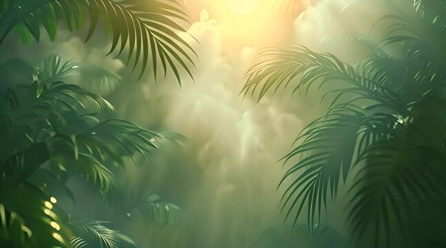 Trendy Balinese summer background with floral pattern, green palm leaves, art wallpaper, summer colors, blur, botanical tropical leaves, sunlight and shadows.