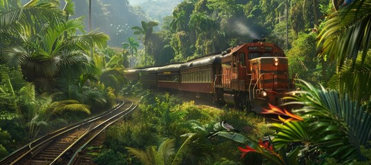Scenic Train Ride Through Lush Tropical Rainforest with Exotic Birds and Dense Greenery