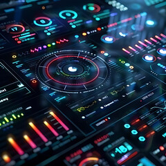 Obraz premium A futuristic digital dashboard displaying vibrant data analytics, featuring various charts and graphs, representing advanced technology and data visualization.