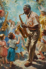 Joyful Street Music Performance by Saxophone Player with Dancing Family and Children - Lively Art Print