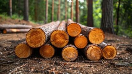 Stacks of Freshly Cut Logs in a Peaceful Pine Forest