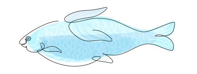 Blue fish with one line contour image isolated on white background. Underwater wild habitat vector color and linear illustration