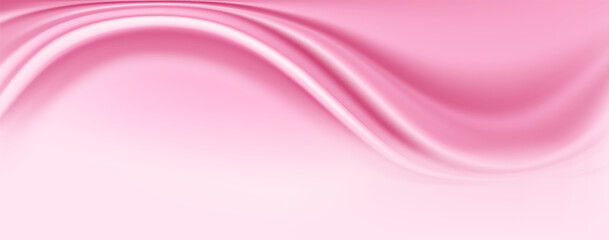 Silk fabric sheet template background realistic vector illustration. Gentle pink wavy satin textile sample 3d color image upper view