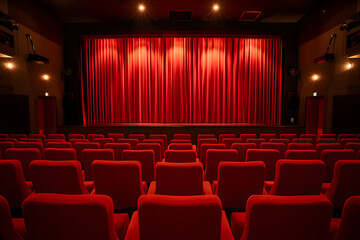Fototapeta premium Cinema hall red velvet seats stage background with curtains drawn Theater Movie Performance Venue Concept 
