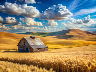 Rustic Idaho farm landscape with golden wheat fields, rolling hills, and vintage metal barn under a clear blue sky with fluffy white clouds.
