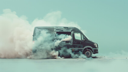 Obraz premium Van on fire with smoke billowing out windows light blue background Vehicle Emergency Concept