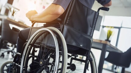 Obraz premium Woman in a wheelchair working at a computer in a bright, minimalist office. Focus on workplace accessibility and inclusivity for disabled individuals.