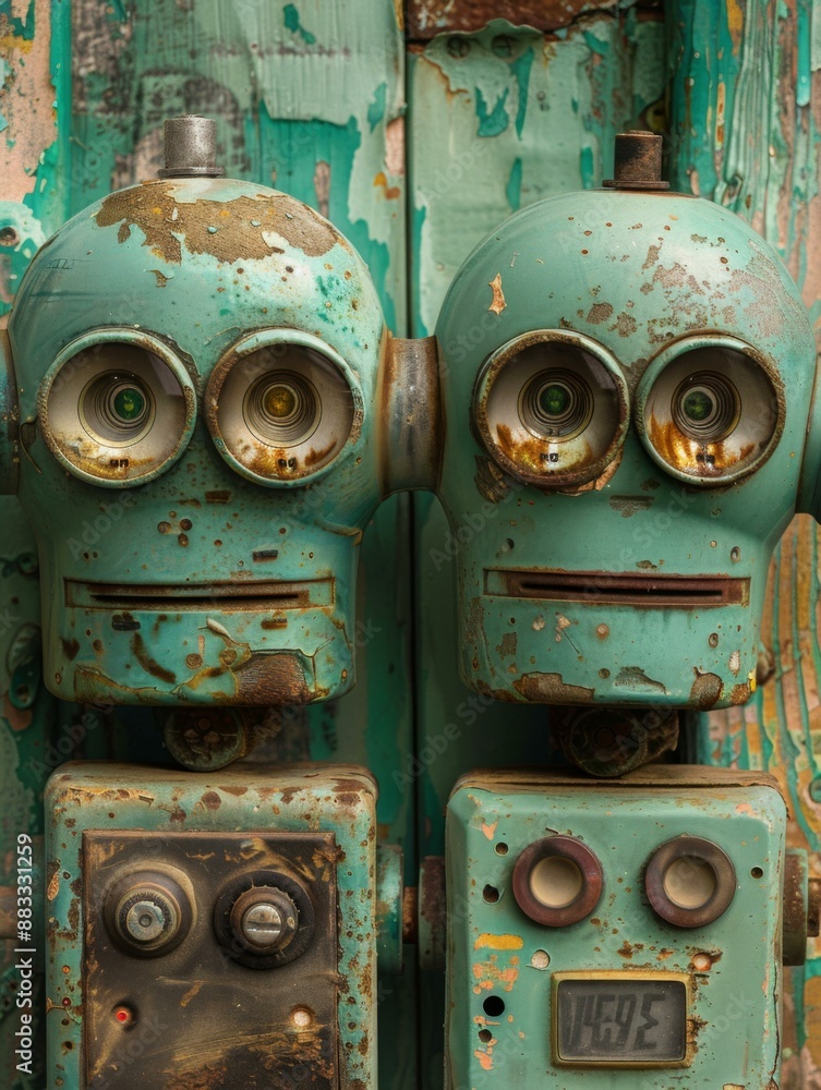 Poster two rusty robots with glowing eyes stare at each other. ai.