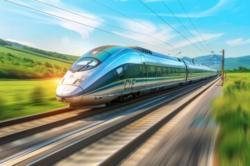 Fototapeta premium Sleek High-Speed Train Speeding Through Scenic Countryside Landscape with Rolling Green Hills