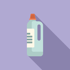 Big plastic detergent bottle with red cap standing on purple background, cleaning service concept