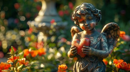 Serene Garden Angel Statue Holding Heart Surrounded by Flowers